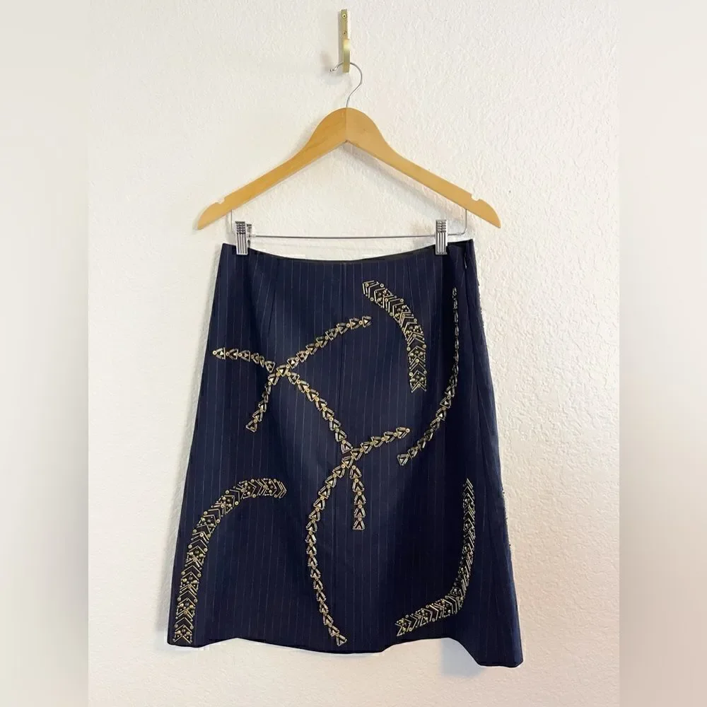 J Crew navy pin stripe pencil skirt with sequined detail.  Office Siren 6. NWT